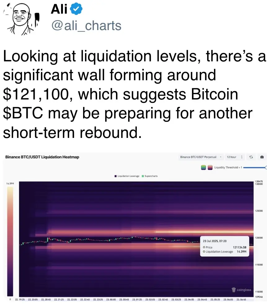 Looking at liquidation levels, there’s a significant wall forming around $121,100