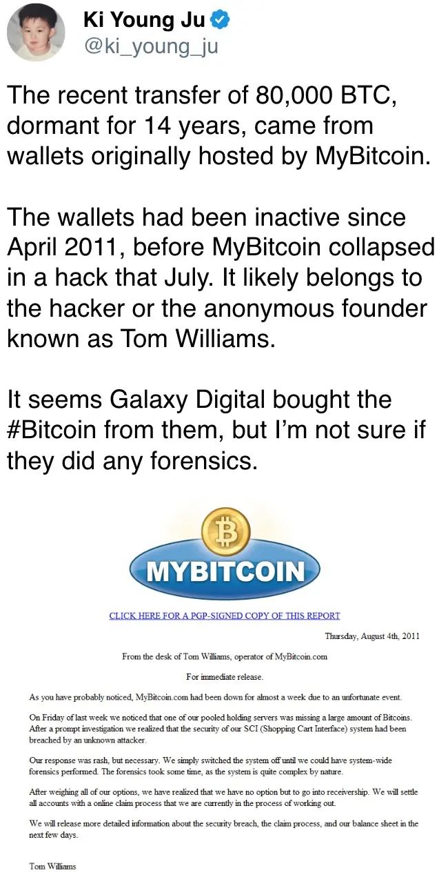 The recent transfer of 80,000 BTC, dormant for 14 years, came from wallets originally hosted by MyBitcoin.
