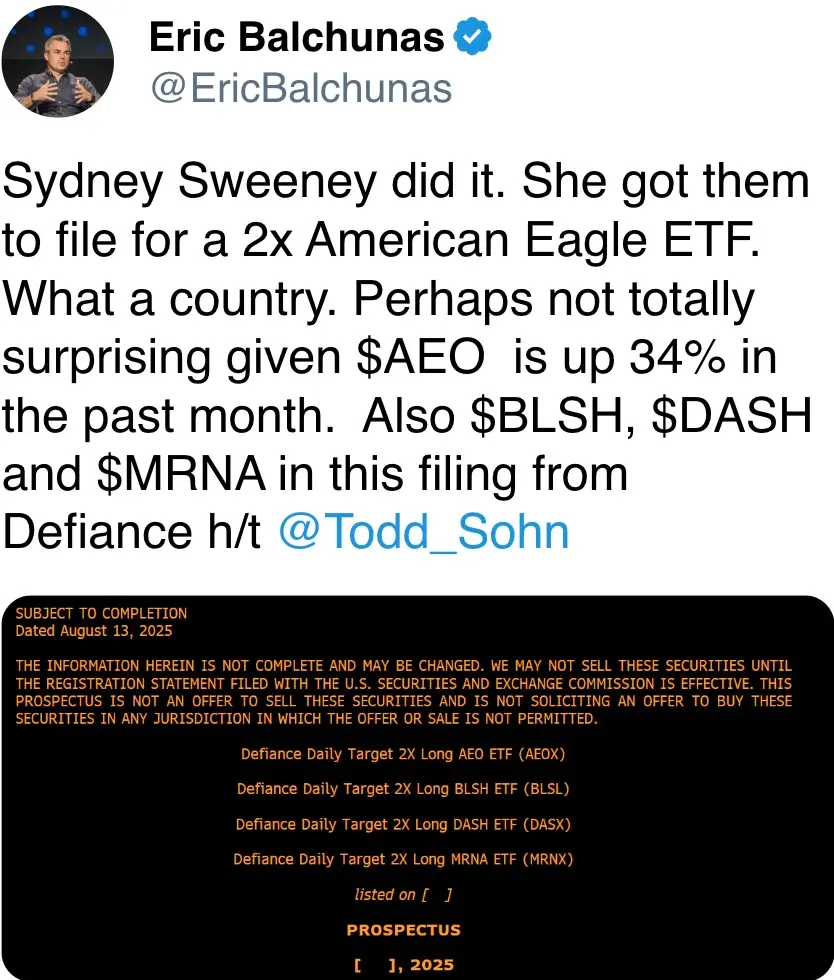 What a country. Perhaps not totally surprising given $AEO is up 34% in the past month. Also $BLSH, $DASH and $MRNA in this filing from Defiance h/t @Todd_Sohn