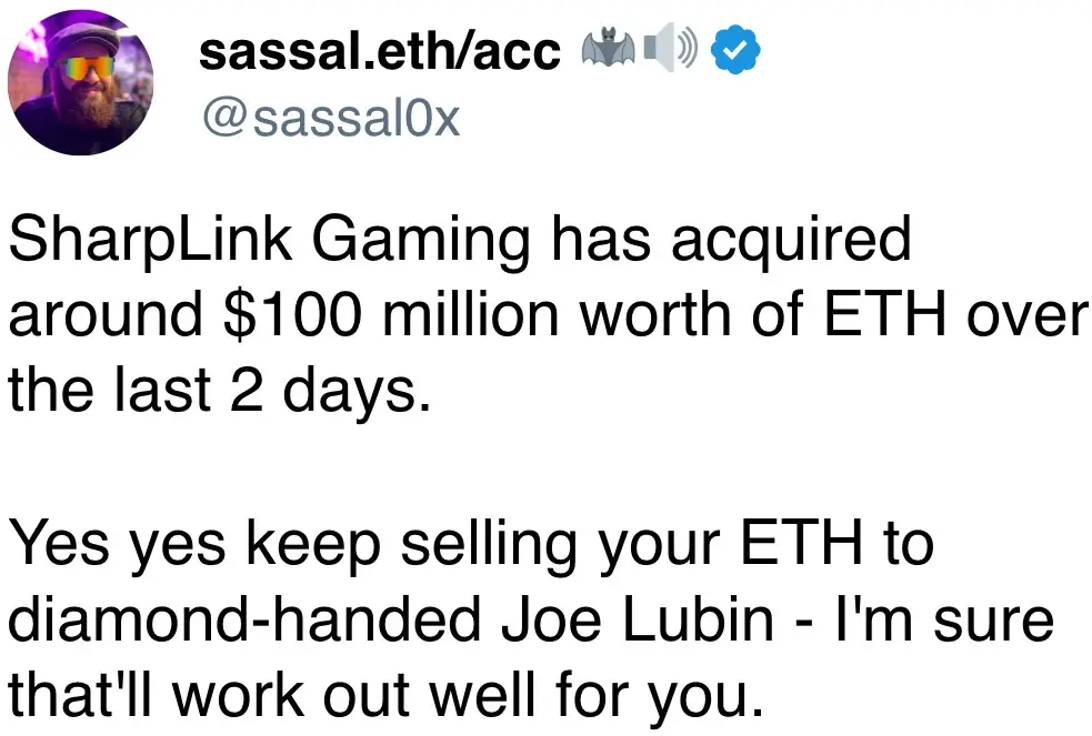 SharpLink Gaming has acquired around $100 million worth of ETH over the last 2 days.