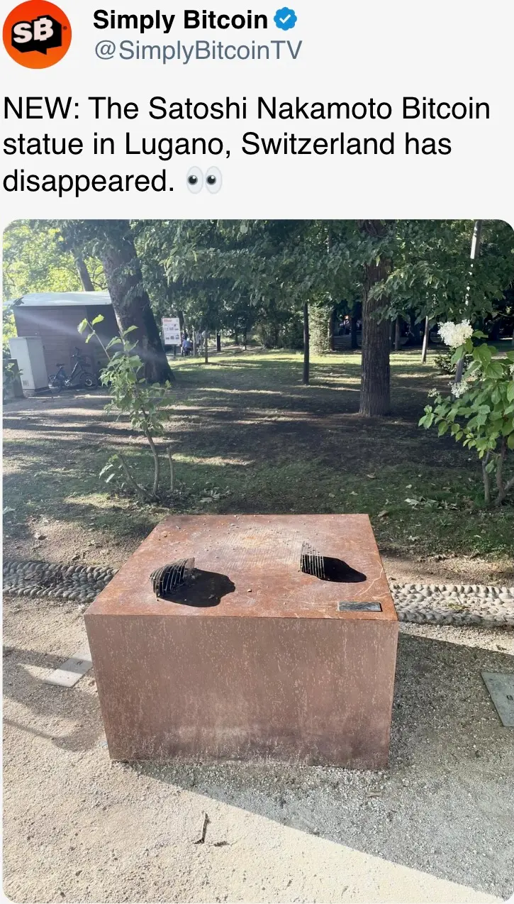 The Satoshi Nakamoto Bitcoin statue in Lugano, Switzerland has disappeared.