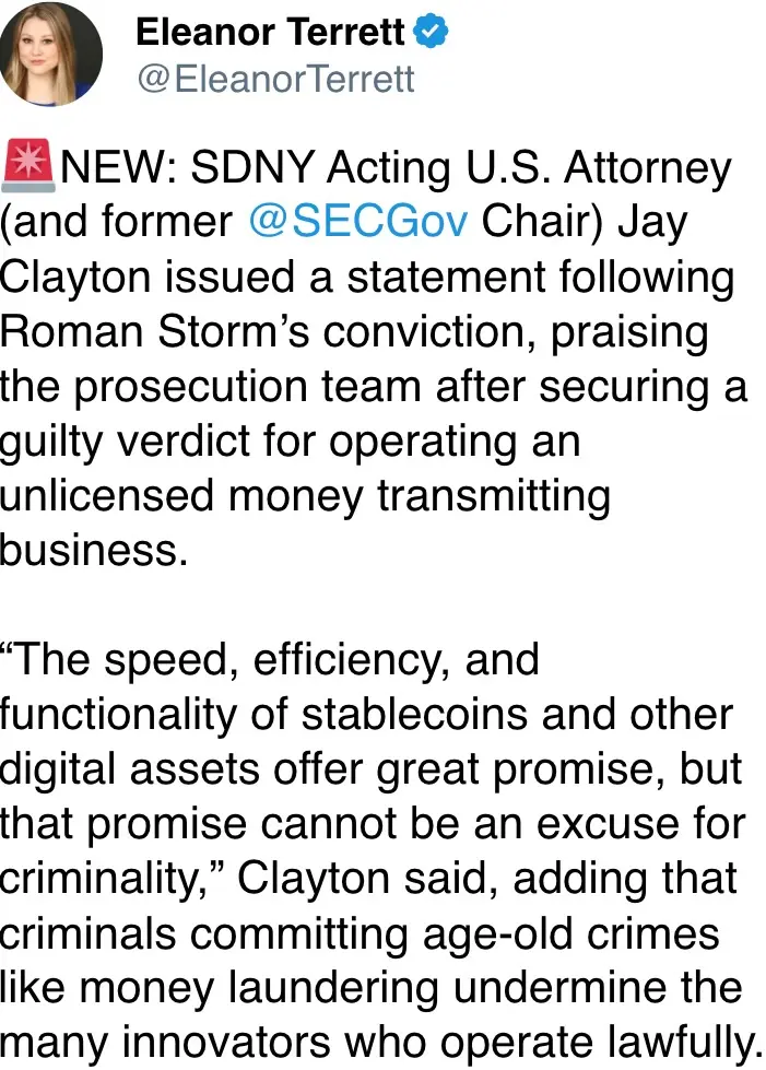 SDNY Acting U.S. Attorney \(and former @SECGov Chair\) Jay Clayton issued a statement following Roman Storm’s conviction