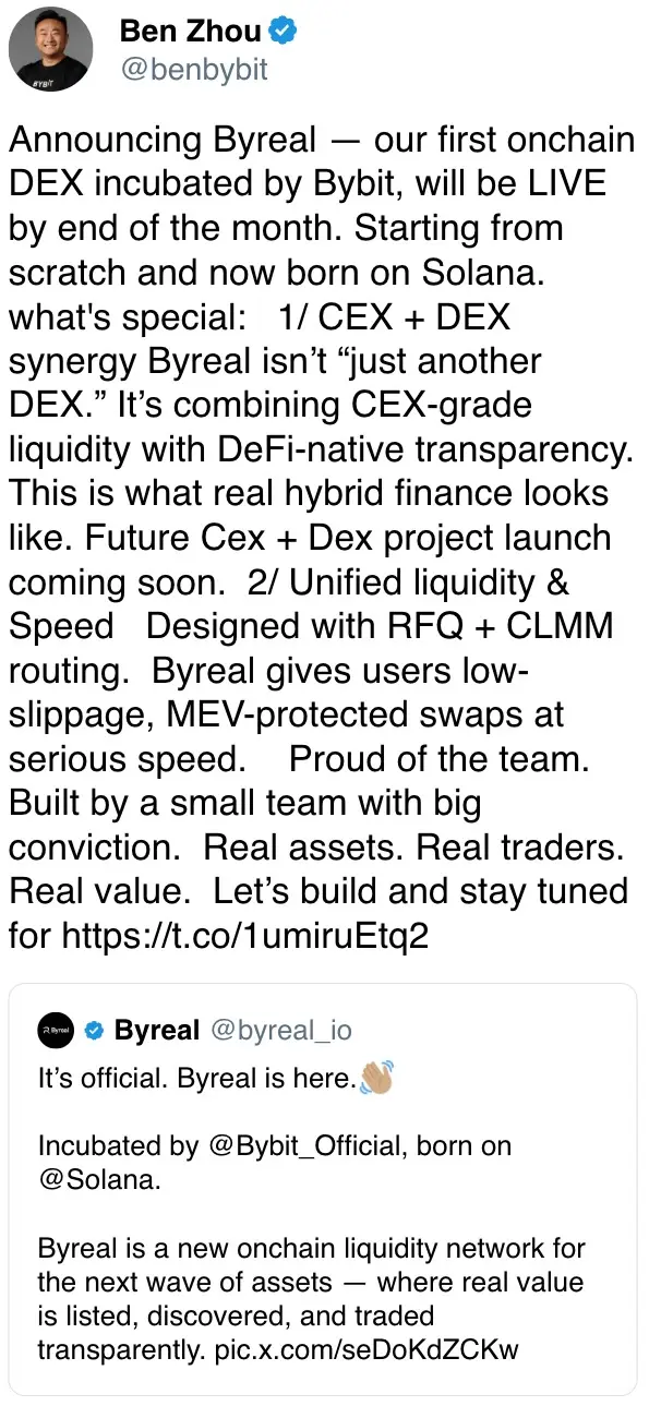 Announcing Byreal — our first onchain DEX incubated by Bybit, will be LIVE by end of the month.
