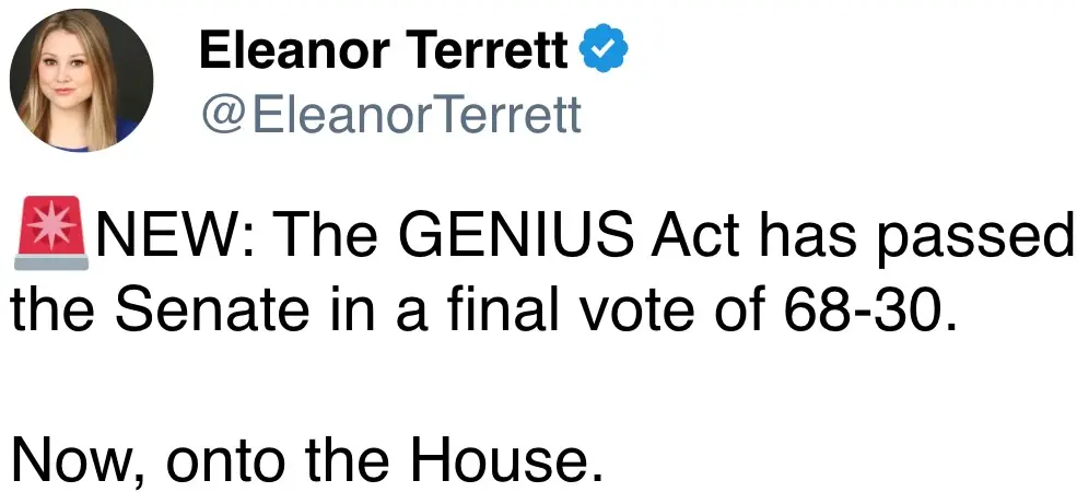 The GENIUS Act has passed the Senate in a final vote of 68-30.