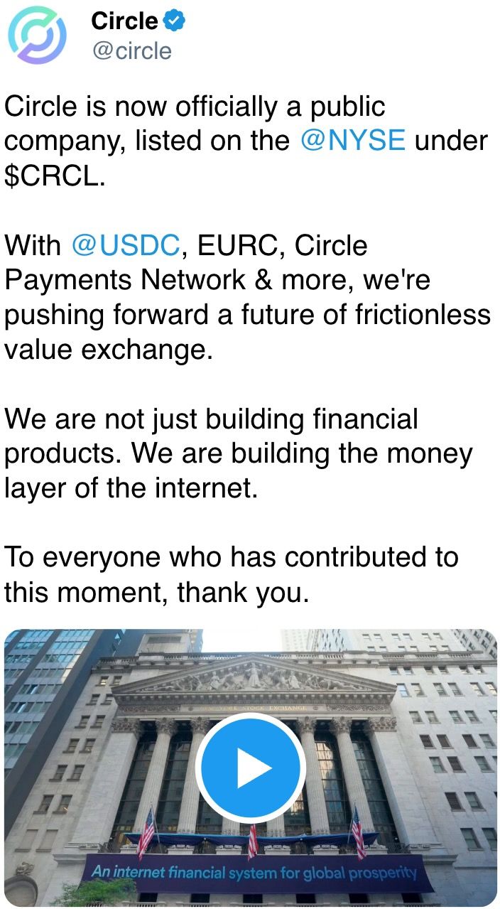 Circle is now officially a public company, listed on the @NYSE under $CRCL.