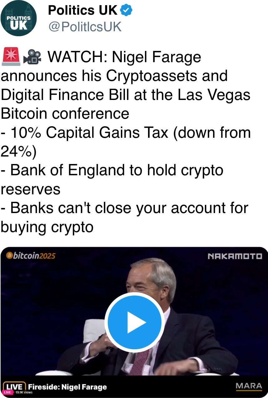 Nigel Farage announces his Cryptoassets and Digital Finance Bill at the Las Vegas Bitcoin conference
