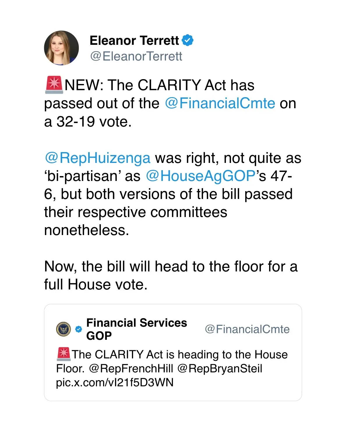 The CLARITY Act has passed out of the  @FinancialCmte  on a 32-19 vote. 